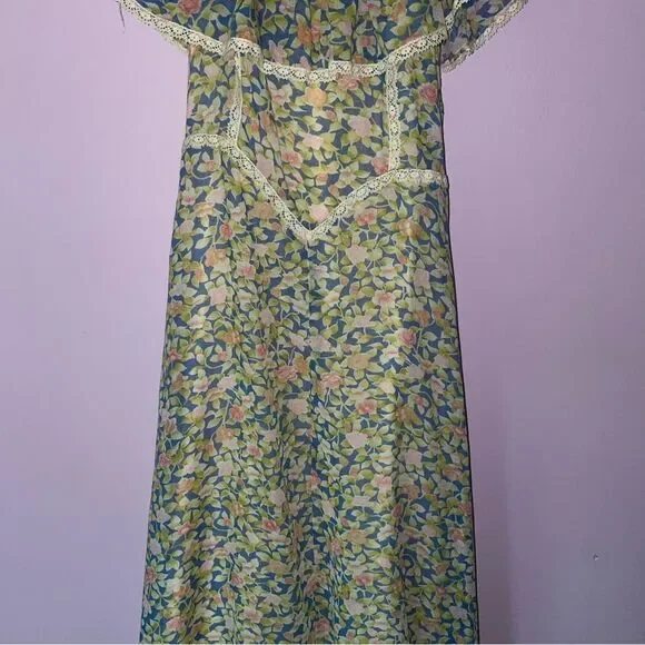 Camela of California S Maxi Dress 70s Ball Gown Blue Ditsy Floral Ruffle Boho - Picture 3 of 10